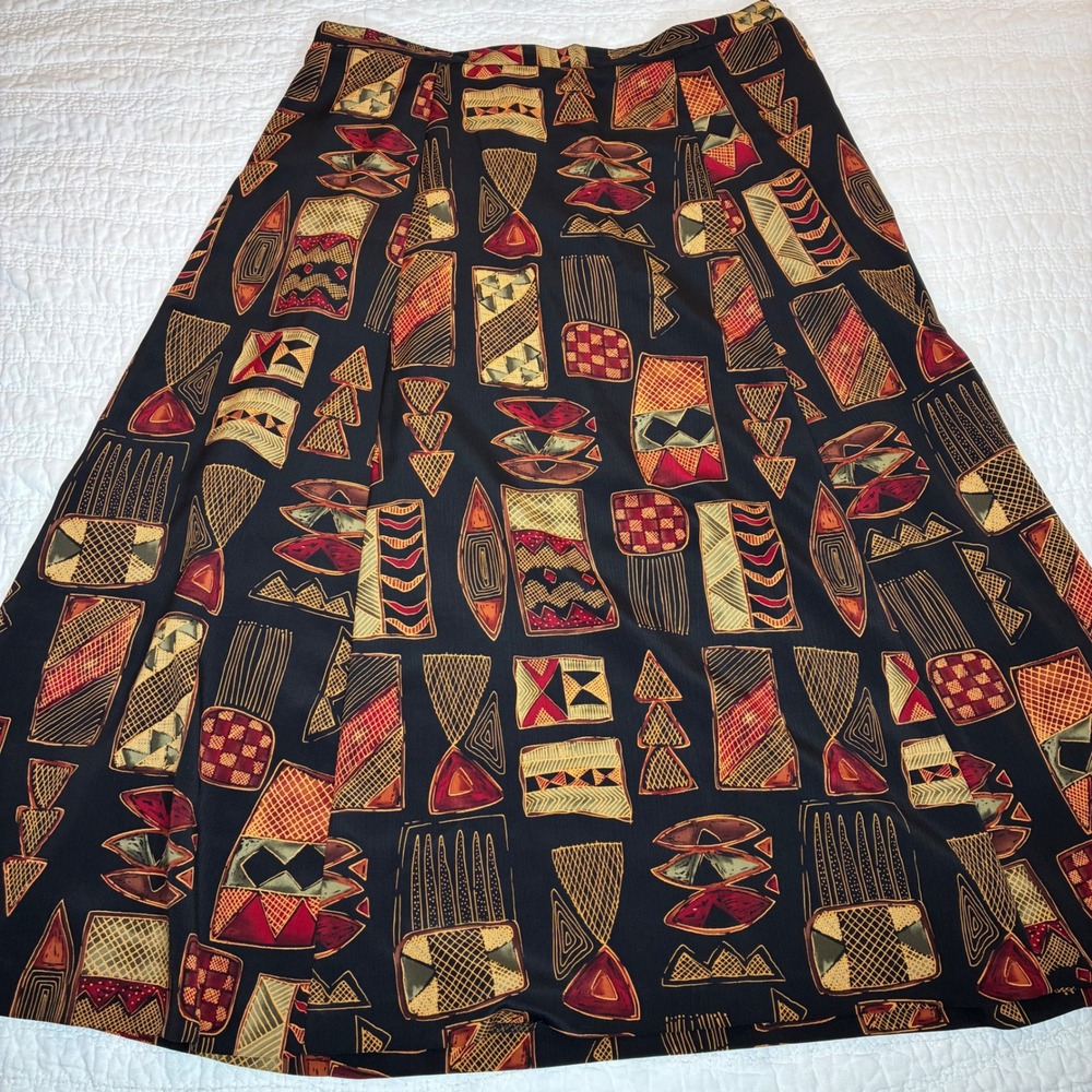 Leslie Fay Vtg Geometric Tribal Print Maxi Skirt Black Red Gold Sz 18 Boho 90's